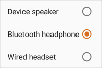 "Device speaker", "Bluetooth headphone", and "Wired headset" are in the available device menu.