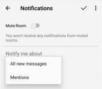 "Mute Room", "All new messages", and "Mentions" are in "Notifications".