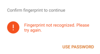 "Fingerprint not recognized. Please try again." is on "Confirm fingerprint to continue."