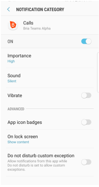 Android notification attributes for Bria calls