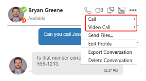 "Call" and "Video Call" are on the "More options for this conversation" menu.