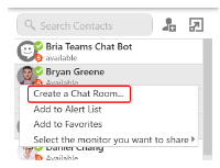 "Create a Chat Room..." is on the short-cut menu.