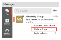 "Delete Room" is in the chat room short-cut menu.
