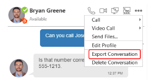 "Export Conversation" is on the "More options for this conversation" menu.