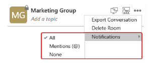 "All", "Mentions (@)", and "None" in the "More options for this conversation" menu.