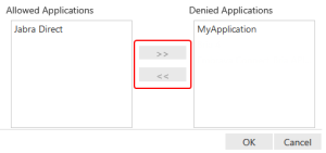 "Allowed Applications" and "Denied Applications" are on the "Security" tab in the "Application" panel.