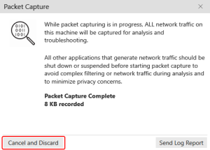 The "Cancel and Discard" button is on "Packet Capture" after stopping the packet capture.