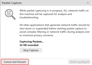 The "Cancel and Discard" button is on "Packet Capture" while network traffic is being recorded.