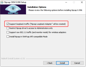 "Support loopback traffic" is on "Installation Options".