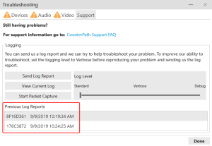 "Previous Log Reports" are on the "Troubleshooting" window.