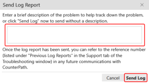 A box for the description, the "Cancel" button, and the "Send" button are on the "Send Log Report" window.