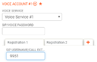 "Voice Password: in in "Voice Account" and "Extension/Username" is in the "Device 1" tab.