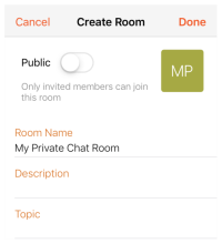 "Room Name", "Description", and "Topic" are in "Create Room".