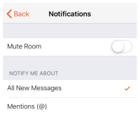 "Mute Room", "All New Messages", and "Mention (@)" are in "Notifications".