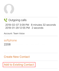 "Add to Existing Contact" is in "History" details.