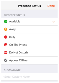 Status options and "Custom Note" are in "Presence Status".